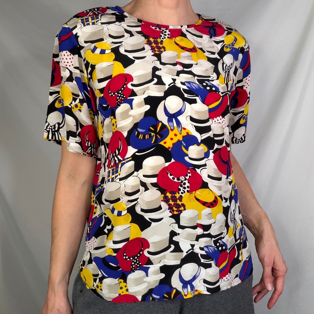 Vintage 100% silk hat print blouse Allison Taylor 80s 90s derby short sleeve S - Picture 14 of 14